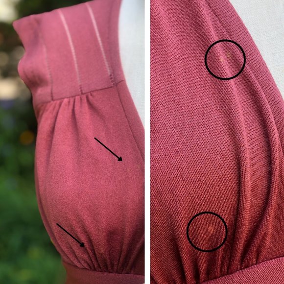 Vtg 70s Puce Rose Pointelle Knit V-Neck Tie Waist Open Back Maxi Disco Gown S/M - Picture 15 of 17